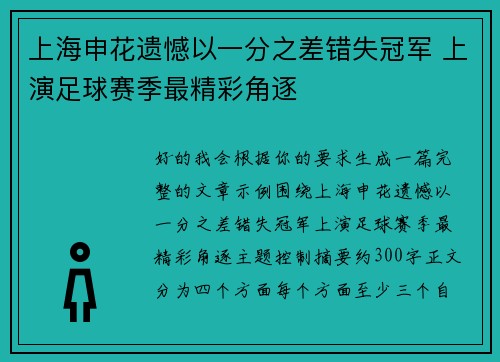 上海申花遗憾以一分之差错失冠军 上演足球赛季最精彩角逐